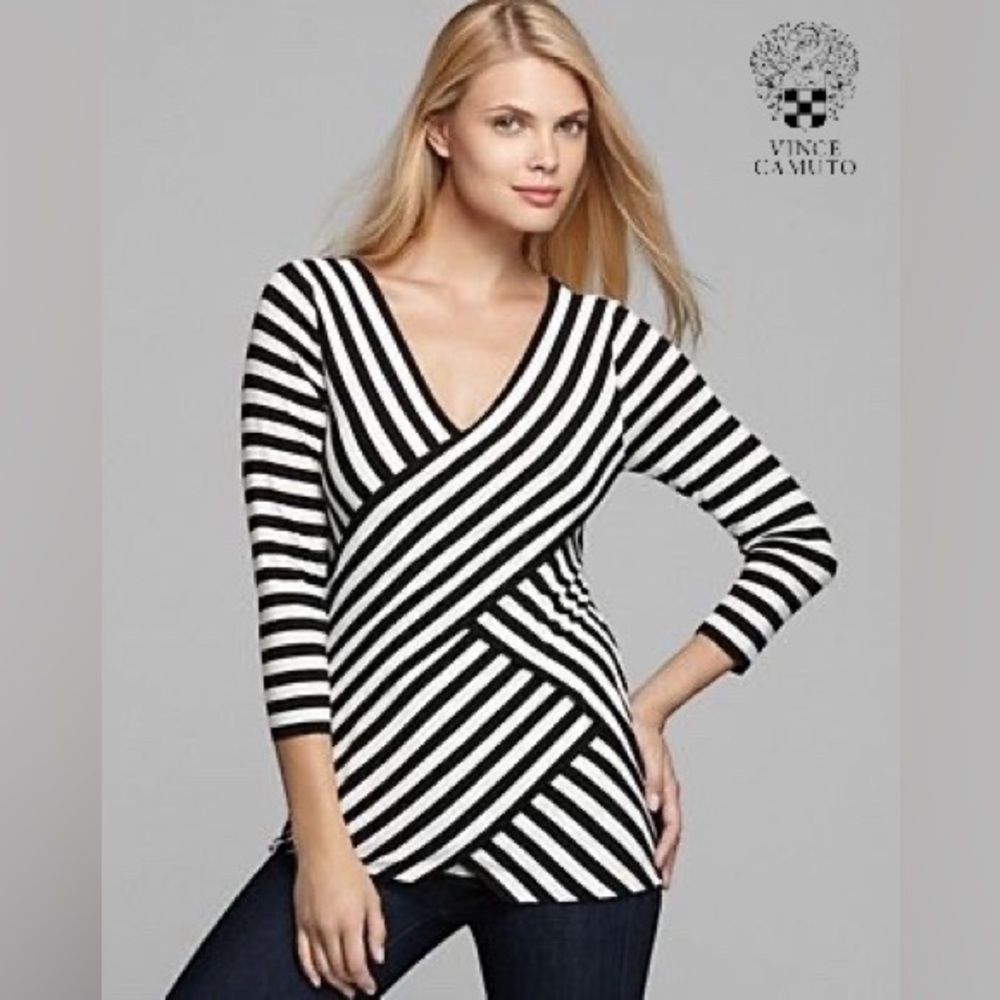 🛍️SALE🛍️ Vince Camuto Women’s Black & White Stripe Tiered Layer Crossover Top